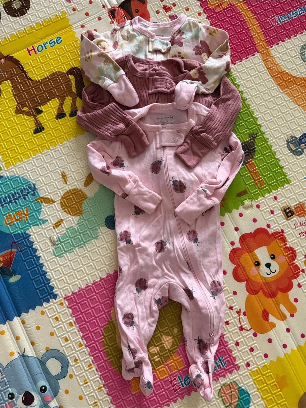 Organic Cotton Baby Girls Pink Floral & Mauve One-Piece Sleepers - 3-Pack